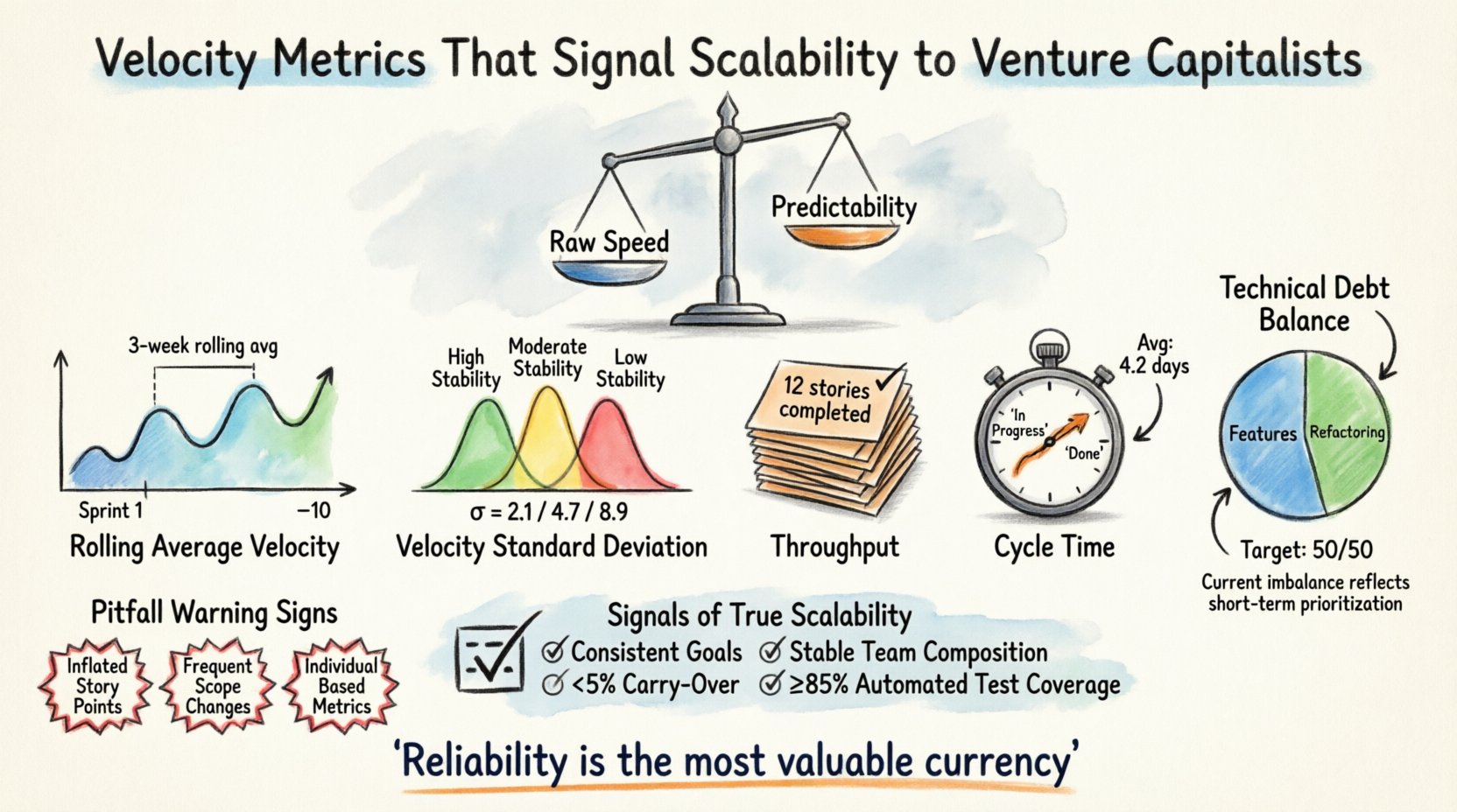 Marker illustration infographic showing engineering velocity metrics that signal scalability to venture capitalists: rolling average velocity trends, standard deviation stability zones (green/yellow/red), throughput story counts, and cycle time flow; includes visual indicators for technical debt balance, scalability signals like consistent sprint goals and low carry-over rates, common reporting pitfalls, and the key message that predictability and reliability are more valuable to investors than raw speed