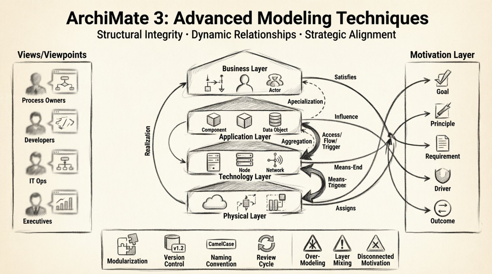 Charcoal contour sketch infographic illustrating ArchiMate 3 advanced modeling techniques: four-layer architecture stack (Business, Application, Technology, Physical) with key elements, structural and dynamic relationship types (Specialization, Aggregation, Flow, Realization), Motivation Layer mapping strategy connecting Goals and Drivers to execution, Views/Viewpoints for stakeholder perspectives, and best practices for scalable enterprise architecture modeling