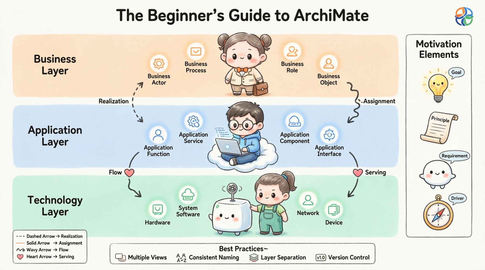 Chibi-style infographic illustrating ArchiMate enterprise architecture framework showing three core layers: Business Layer with actors and processes, Application Layer with software components, and Technology Layer with infrastructure, connected by relationship arrows, plus motivational elements and best practices for modeling