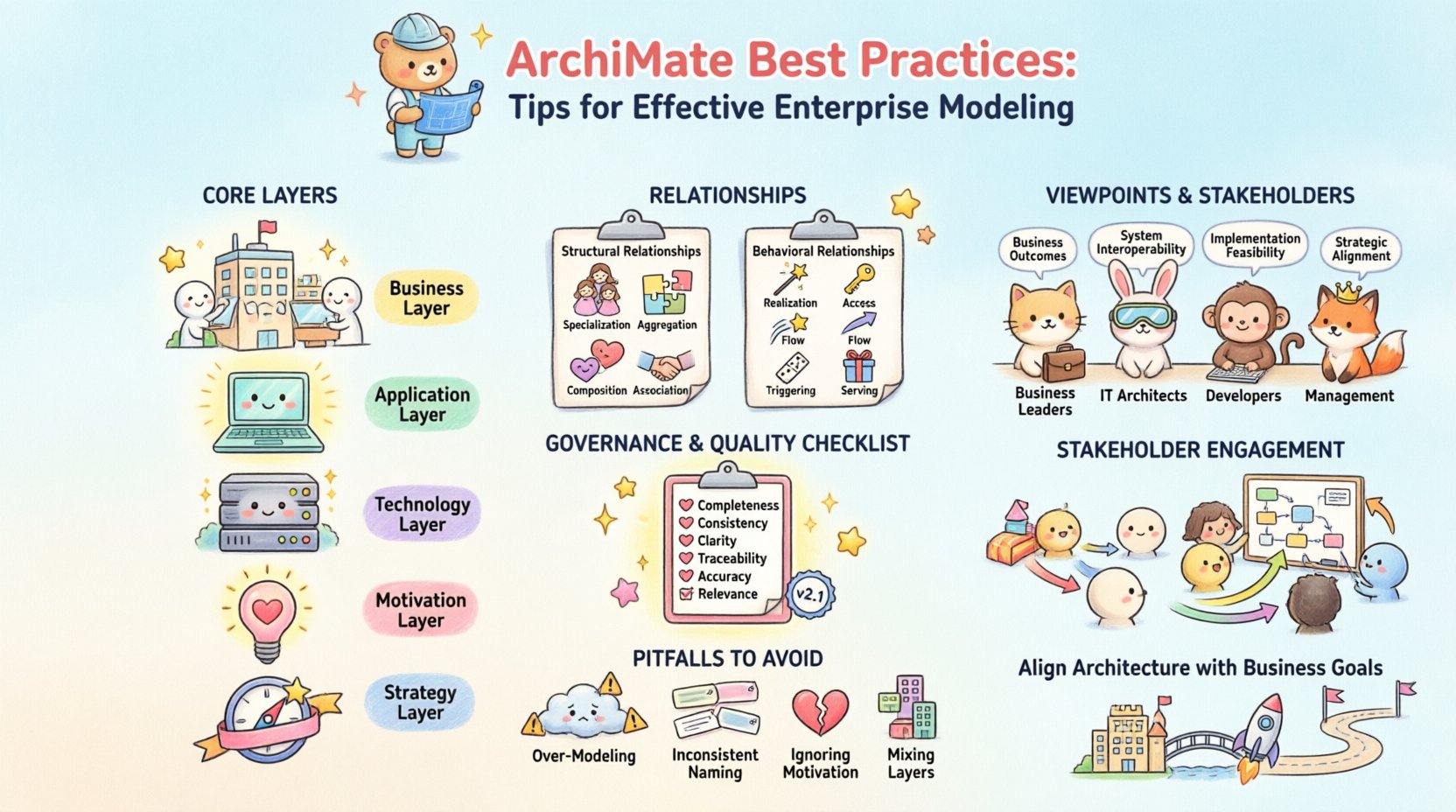 Kawaii-style infographic illustrating ArchiMate best practices for effective enterprise modeling, featuring cute mascots and pastel visuals explaining core layers (Business, Application, Technology, Motivation, Strategy), structural and behavioral relationships, stakeholder viewpoints, governance checklist, common pitfalls to avoid, and business alignment strategies in a 16:9 layout
