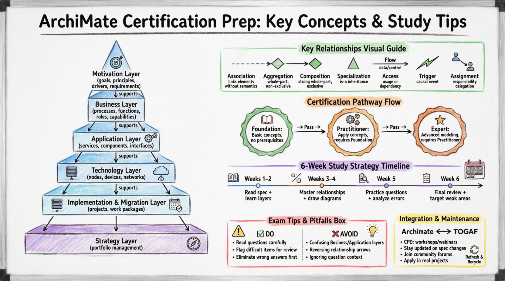Hand-drawn whiteboard infographic illustrating ArchiMate certification preparation guide featuring the six-layer framework pyramid (Motivation, Business, Application, Technology, Implementation & Migration, Strategy), eight key relationship types with visual symbols, three-tier certification pathway from Foundation to Expert, 6-week structured study timeline, exam success tips versus common pitfalls to avoid, and integration with TOGAF framework for enterprise architecture professionals