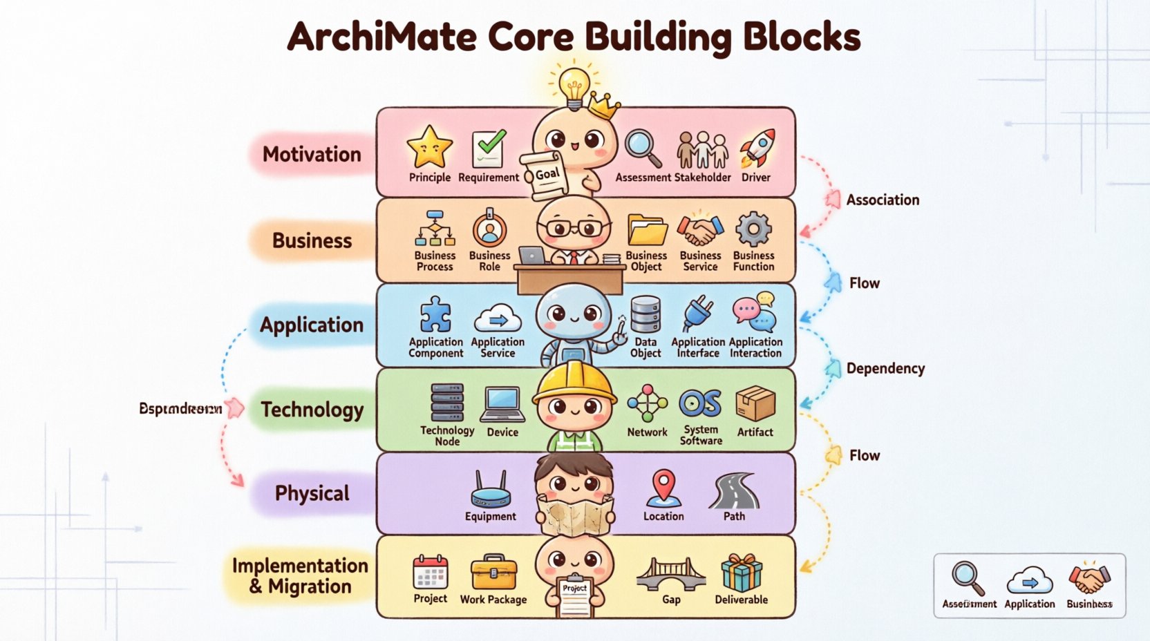 Chibi-style infographic illustrating ArchiMate enterprise architecture framework with six colorful layers: Motivation (goals, principles, requirements), Business (processes, roles, services), Application (components, services, data), Technology (nodes, devices, networks), Physical (equipment, locations), and Implementation & Migration (projects, work packages, gaps), connected by relationship arrows in an intuitive cute visual guide for understanding enterprise architecture building blocks