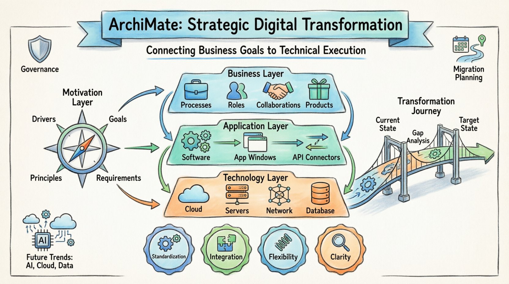 Cartoon infographic illustrating ArchiMate modeling language for digital transformation strategy, showing three interconnected layers (Business, Application, Technology), Motivation Layer with drivers and goals, dependency mapping, gap analysis workflow, and key principles of standardization, integration, flexibility, and clarity for enterprise architecture planning