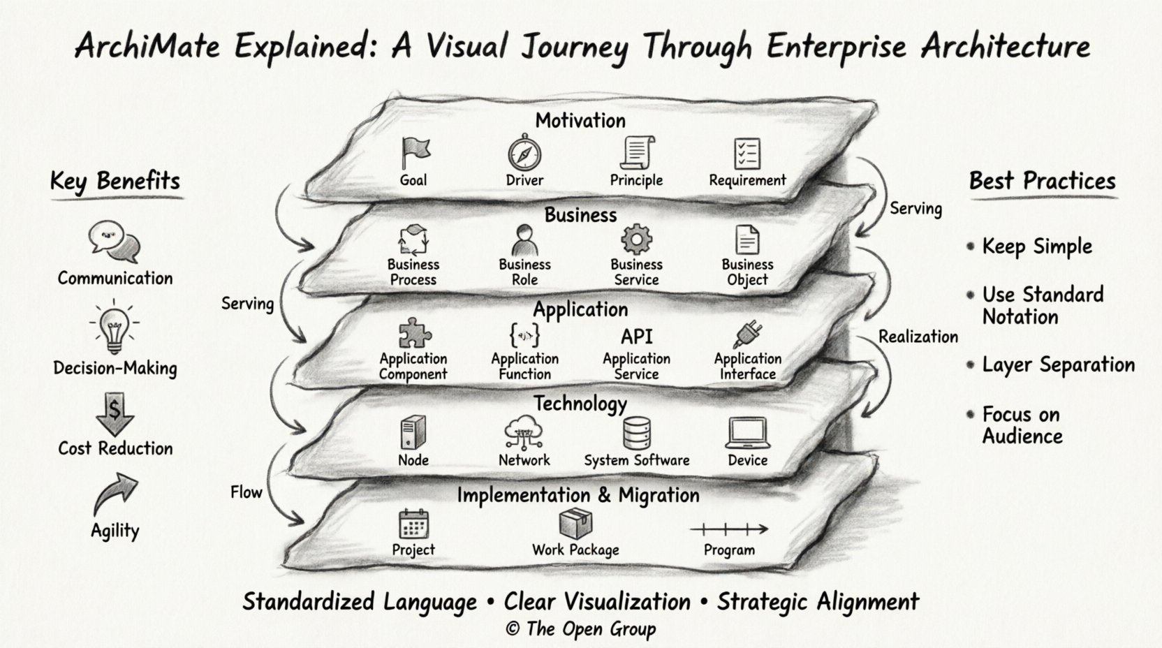 Charcoal contour sketch infographic of ArchiMate enterprise architecture framework showing five layered structure: Strategy/Motivation, Business, Application, Technology, and Implementation layers with key concepts, relationship arrows, benefits panel, and best practices checklist for organizational alignment and digital transformation