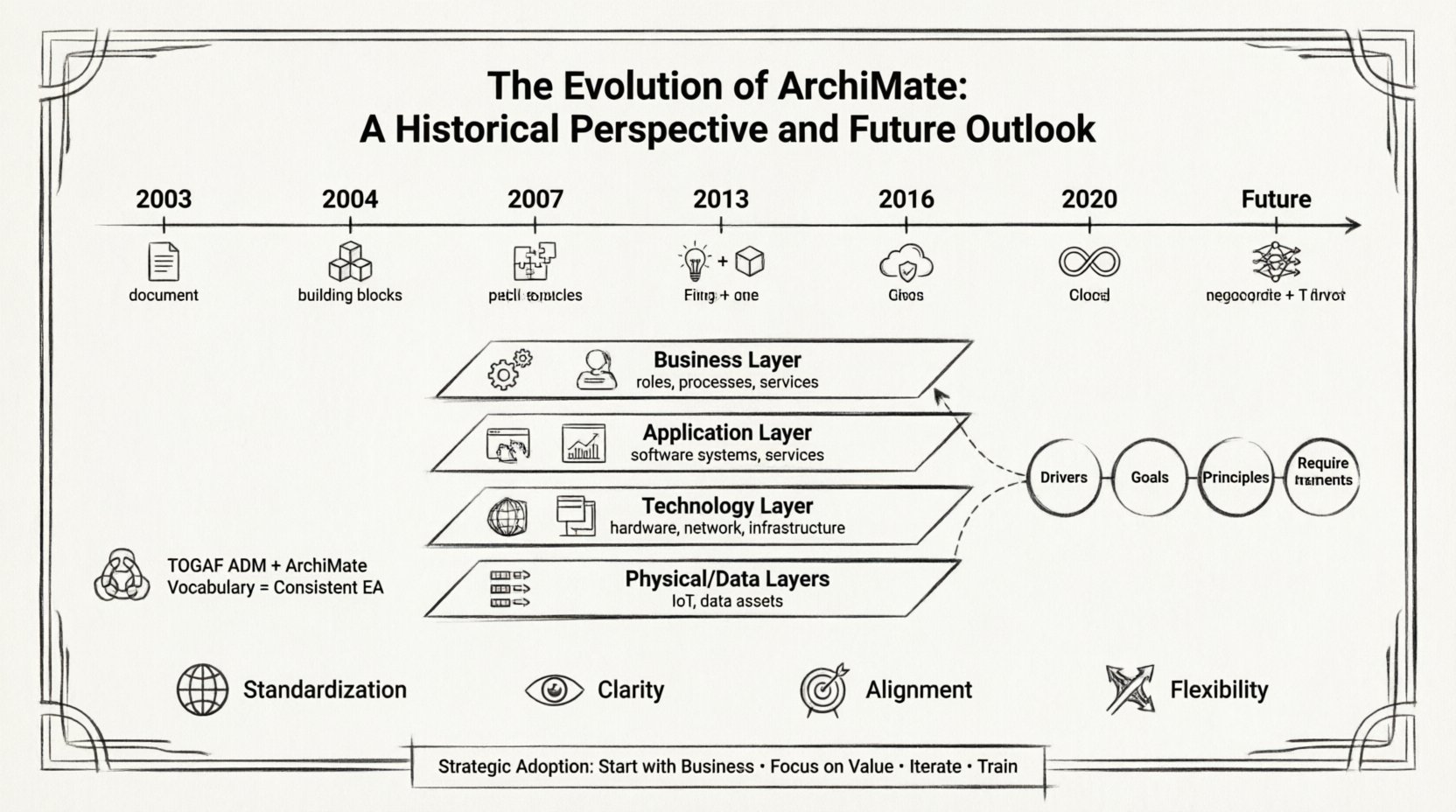 Line art infographic illustrating the evolution of ArchiMate enterprise architecture modeling language: timeline from 2003-2020+ showing versions 1.0 through 3.2, layered architecture model (Business, Application, Technology, Physical, Data layers), Motivation Extension concepts (Drivers, Goals, Principles, Requirements), TOGAF framework alignment, adaptations for cloud computing and DevOps, and future trajectories including AI integration and real-time architecture
