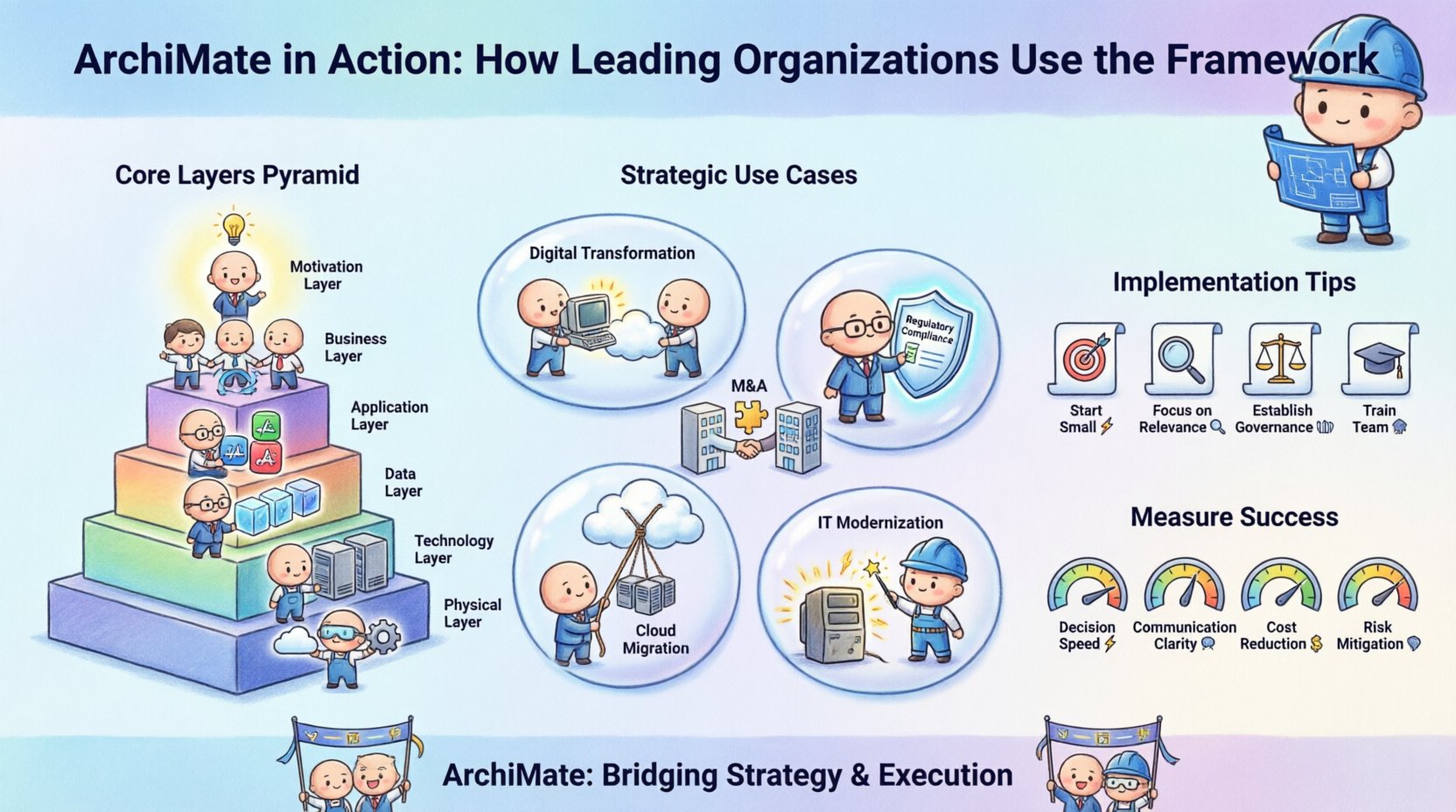 Chibi-style infographic illustrating ArchiMate enterprise architecture framework: six core layers (Motivation, Business, Application, Data, Technology, Physical) shown as a colorful pyramid with cute character icons, five strategic use cases including digital transformation and cloud migration, implementation best practices checklist, and success metrics gauges, designed to help organizations visualize how ArchiMate aligns business strategy with IT capabilities