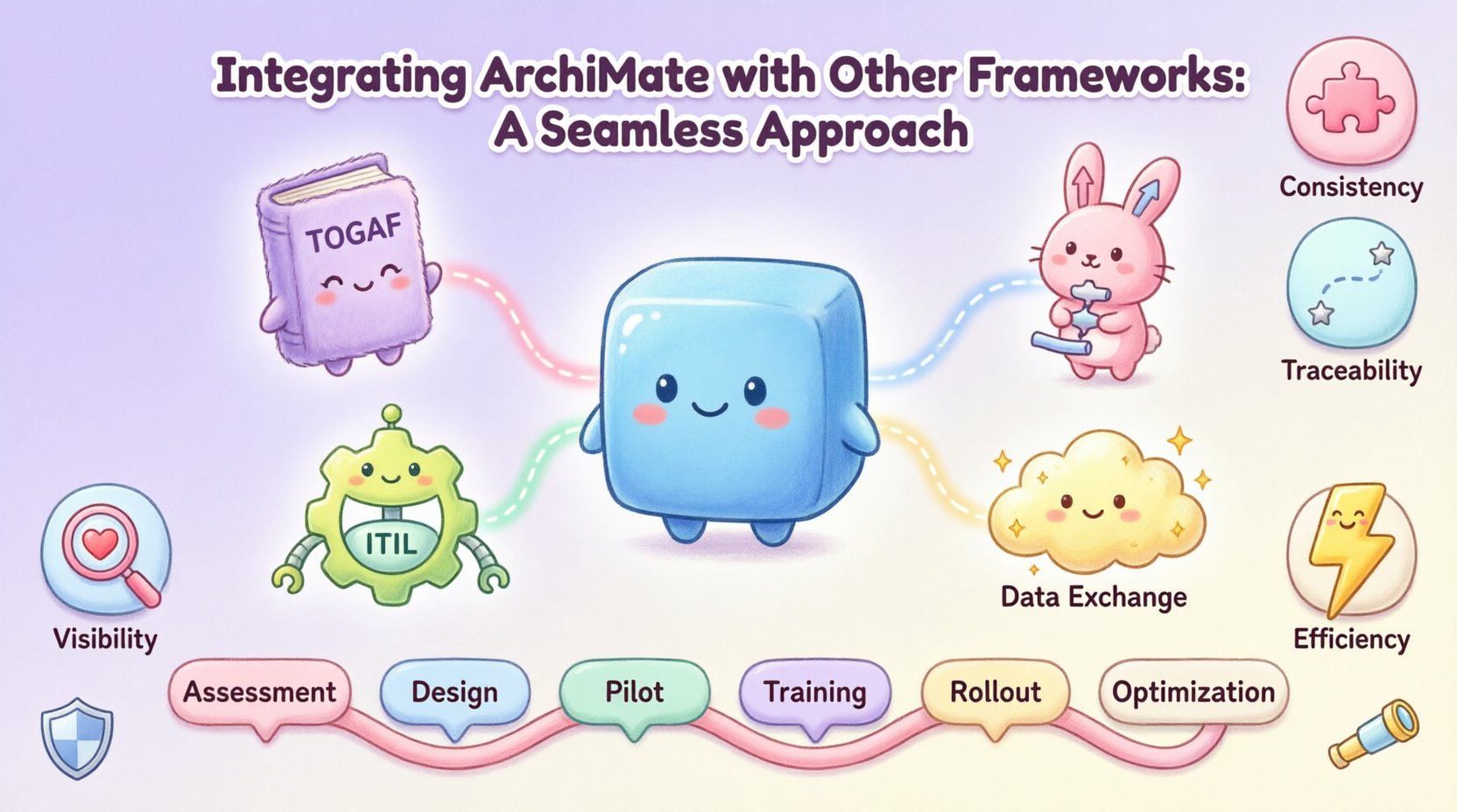 Kawaii cute vector infographic illustrating ArchiMate integration with TOGAF, BPMN, and ITIL frameworks featuring pastel-colored mascot characters connected by dotted lines, highlighting benefits like consistency, traceability, visibility, and efficiency, with a 6-step implementation roadmap and governance elements on a soft lavender-to-cream gradient background, 16:9 aspect ratio