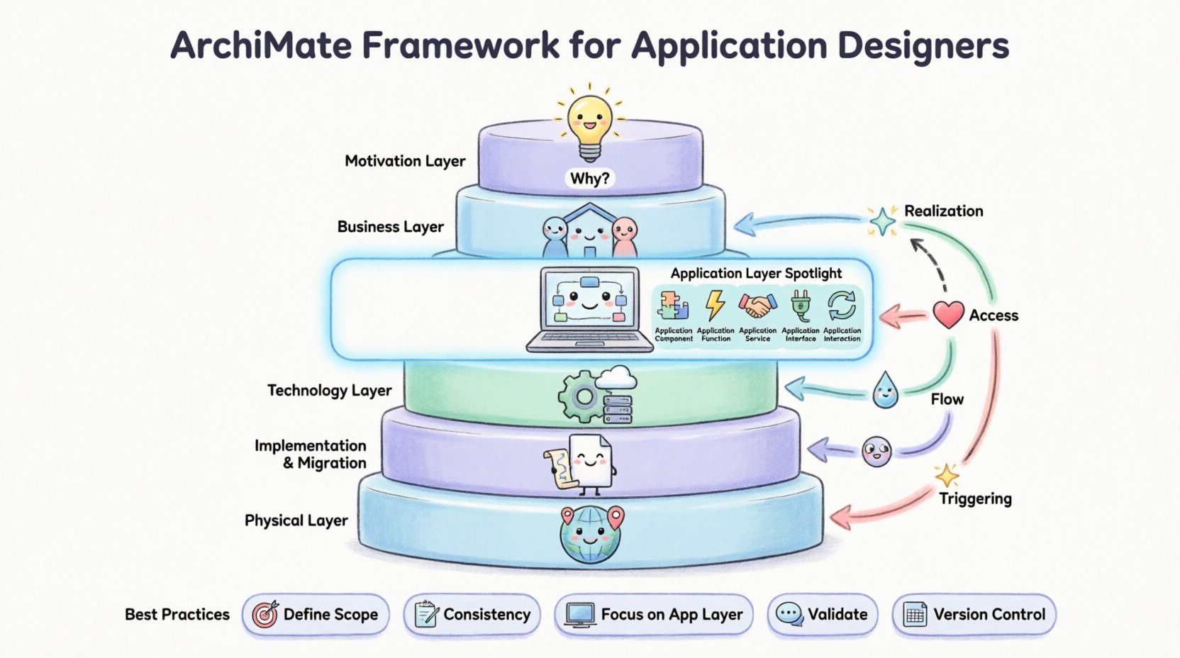 Kawaii cute vector infographic explaining the ArchiMate Framework for Application Designers, featuring six pastel-colored architectural layers (Motivation, Business, Application, Technology, Implementation & Migration, Physical), Application Layer components with friendly icons, key relationships visualization, and best practices checklist in simplified rounded style with soft colors for enterprise architecture education