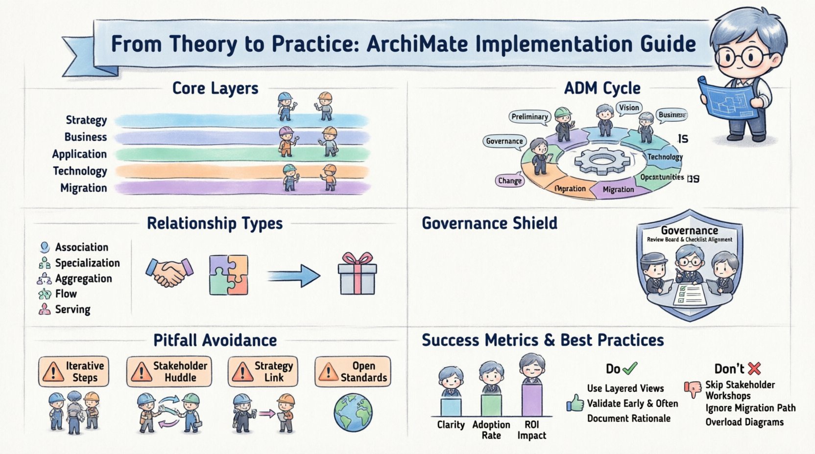 Chibi-style infographic illustrating the ArchiMate Implementation Guide: From Theory to Practice. Features six key sections: (1) Core Layers visualization showing Business, Application, Technology, Strategy, and Implementation & Migration layers with cute chibi characters; (2) Architecture Development Method (ADM) cycle depicting all 9 phases from Preliminary to Change Management in a circular workflow; (3) Relationship Types diagram explaining Association, Specialization, Aggregation, Flow, and Serving with intuitive icon pairs; (4) Governance & Maintenance section highlighting Architecture Review Board processes and change management workflow; (5) Common Pitfalls & Solutions including over-modeling, stakeholder buy-in, motivation layer, and tool dependency with actionable fixes; (6) Success Metrics and Best Practices checklist with Do/Don't comparisons. Designed in playful chibi art style with large-headed expressive characters, professional color palette of blues and purples with accent colors, clean typography, and 16:9 aspect ratio for optimal viewing. English language labels throughout for enterprise architecture professionals seeking to implement ArchiMate frameworks effectively.