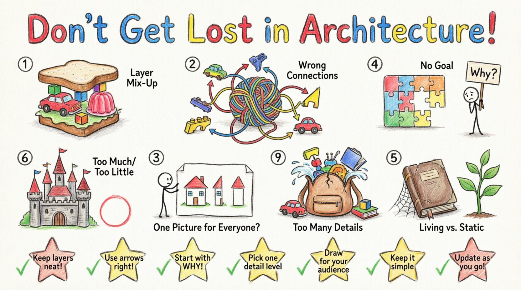 Child's drawing style infographic illustrating 7 common ArchiMate modeling mistakes: mixed-up layer sandwich for architectural layer confusion, tangled arrows for relationship misuse, puzzle without picture for missing motivation layer, uneven detailed/scribble drawing for inconsistent granularity, confusing multi-angle sketch for ignored viewpoints, overstuffed backpack for over-modeling, dusty book vs growing plant for static documentation, with cheerful crayon-textured tips in bright primary colors on white background, 16:9 aspect ratio