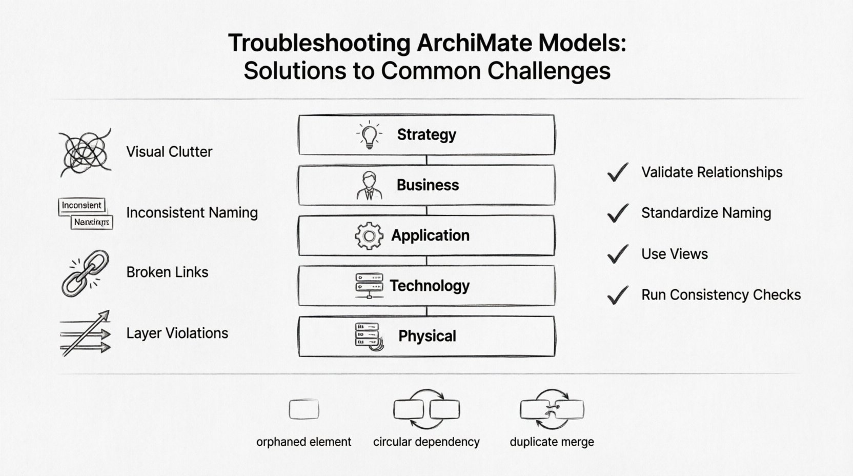 Line art infographic illustrating common ArchiMate modeling challenges and solutions: visual clutter, inconsistent naming, broken links, layer violations; relationship troubleshooting for Flow, Access, Assignment, Serving types; validation checklist; and best practices for enterprise architecture model maintenance across Strategy, Business, Application, Technology, and Physical layers