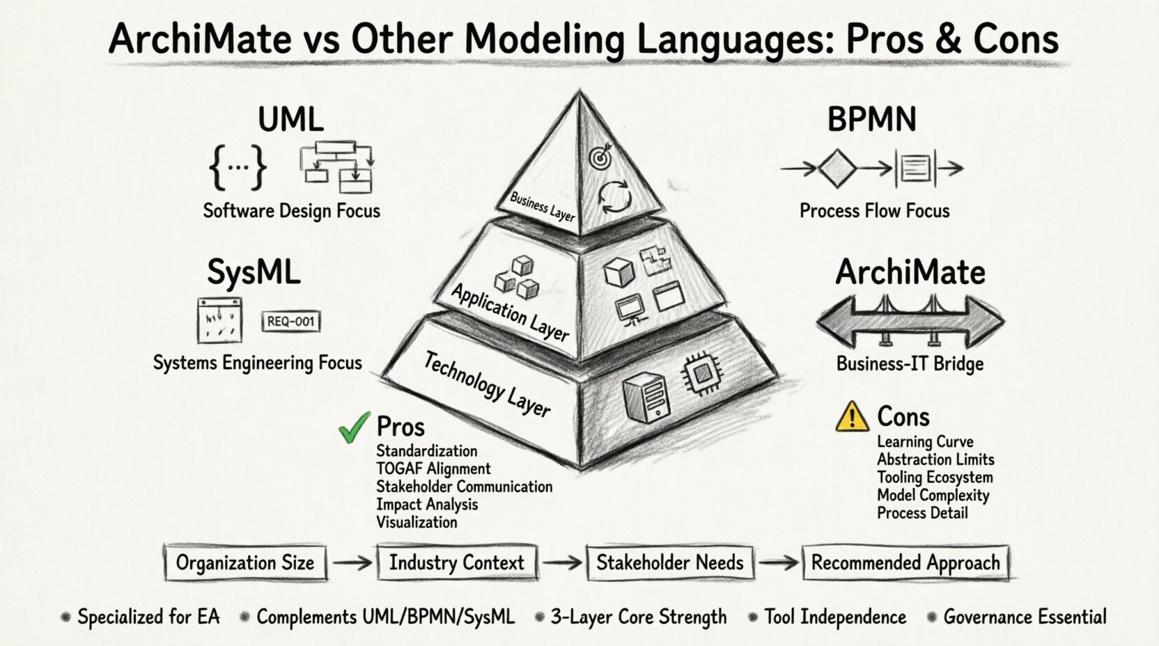 Charcoal sketch infographic comparing ArchiMate enterprise architecture modeling language to UML, BPMN, and SysML. Central three-layer pyramid shows ArchiMate's Business, Application, and Technology layers. Four quadrants illustrate key differences: UML for software design, BPMN for process flows, SysML for systems engineering, and ArchiMate for business-IT alignment. Pros section highlights standardization, TOGAF integration, stakeholder communication, impact analysis, and visualization benefits. Cons section notes learning curve, abstraction limits, tooling ecosystem, model complexity, and process detailing constraints. Bottom decision framework guides selection by organization size, industry context, and stakeholder needs. Key takeaways emphasize ArchiMate's specialization in enterprise architecture, complementary role with other languages, three-layer core strength, tool independence, and governance requirements. Hand-drawn contour style with charcoal shading, monochrome aesthetic, professional infographic layout in 16:9 aspect ratio.