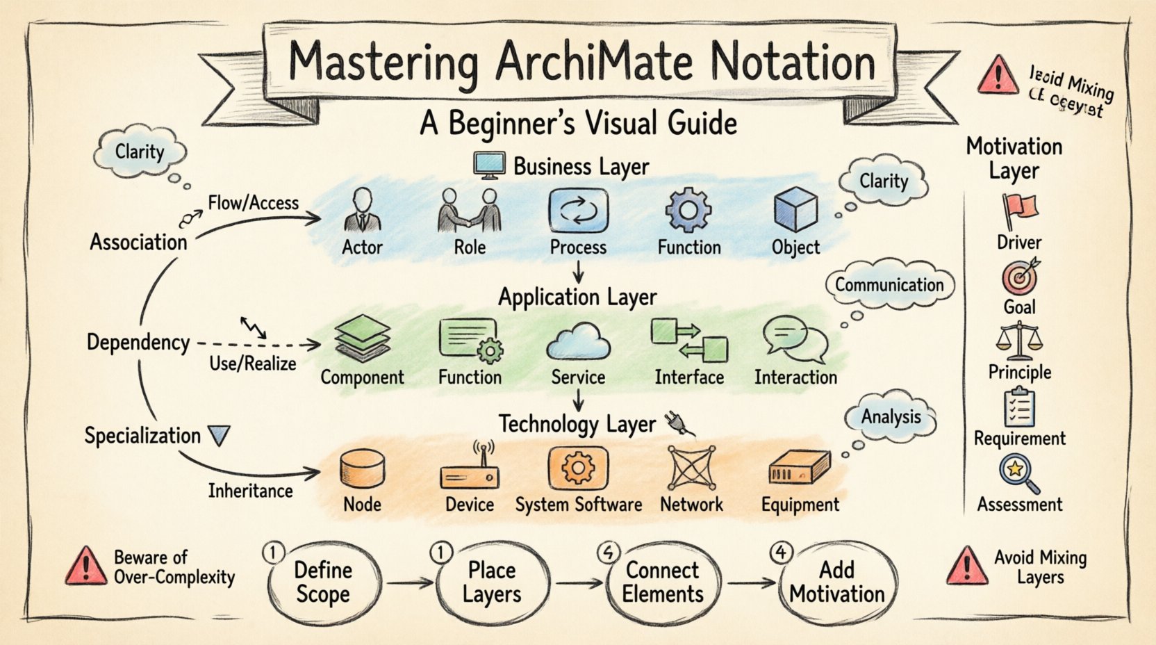 Hand-drawn infographic tutorial on ArchiMate notation for enterprise architecture beginners, illustrating the Business, Application, Technology, and Motivation layers with visual icons, relationship types (Association, Dependency, Specialization), and a step-by-step modeling workflow for creating clear, standardized architecture diagrams