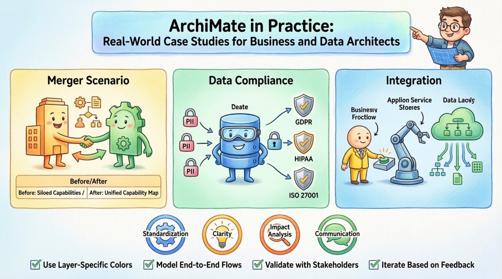 Cartoon infographic illustrating ArchiMate enterprise architecture framework with three real-world case studies: merger consolidation showing capability mapping and redundancy elimination, data compliance governance with PII protection and flow relationships, and business-data layer integration via service realization chains; highlights key benefits including standardization, clarity, impact analysis, and stakeholder communication for business and data architects