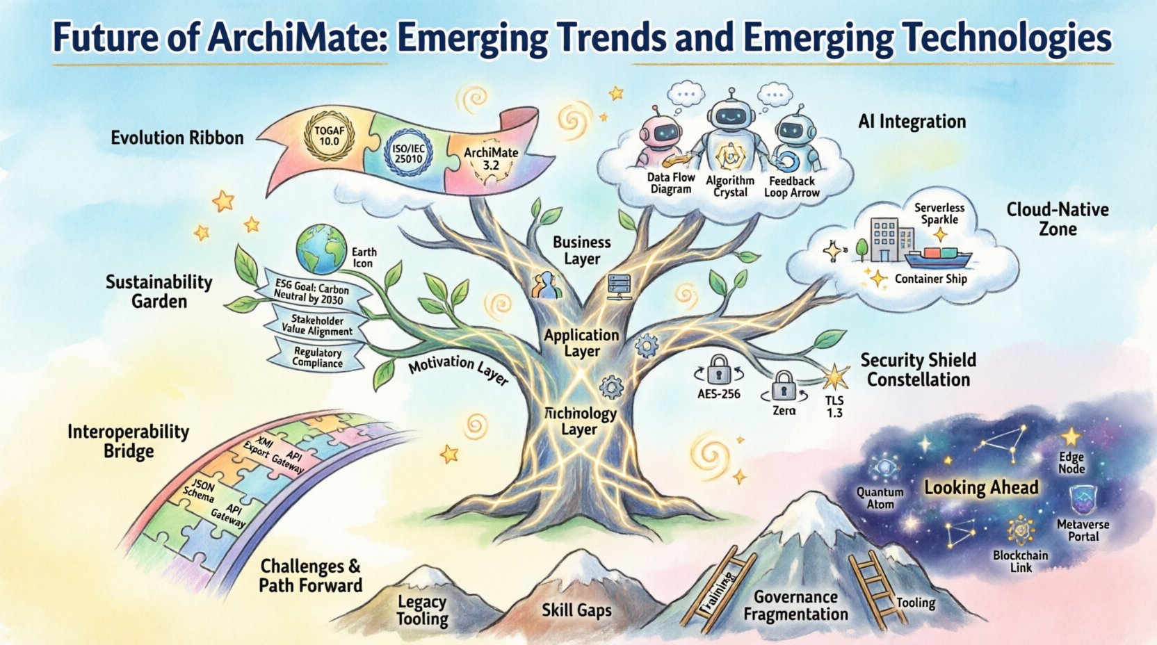 Whimsical infographic illustrating the future of ArchiMate enterprise architecture modeling, featuring emerging trends including AI integration with data flows and algorithmic services, cloud-native microservices and container orchestration, sustainability goals in the Motivation Layer, interoperability standards like XMI and JSON, and embedded security governance, all connected through a magical ArchiMate framework tree with playful illustrations of robots, clouds, green leaves, puzzle-piece bridges, and future tech stars for quantum computing, edge computing, blockchain, and metaverse