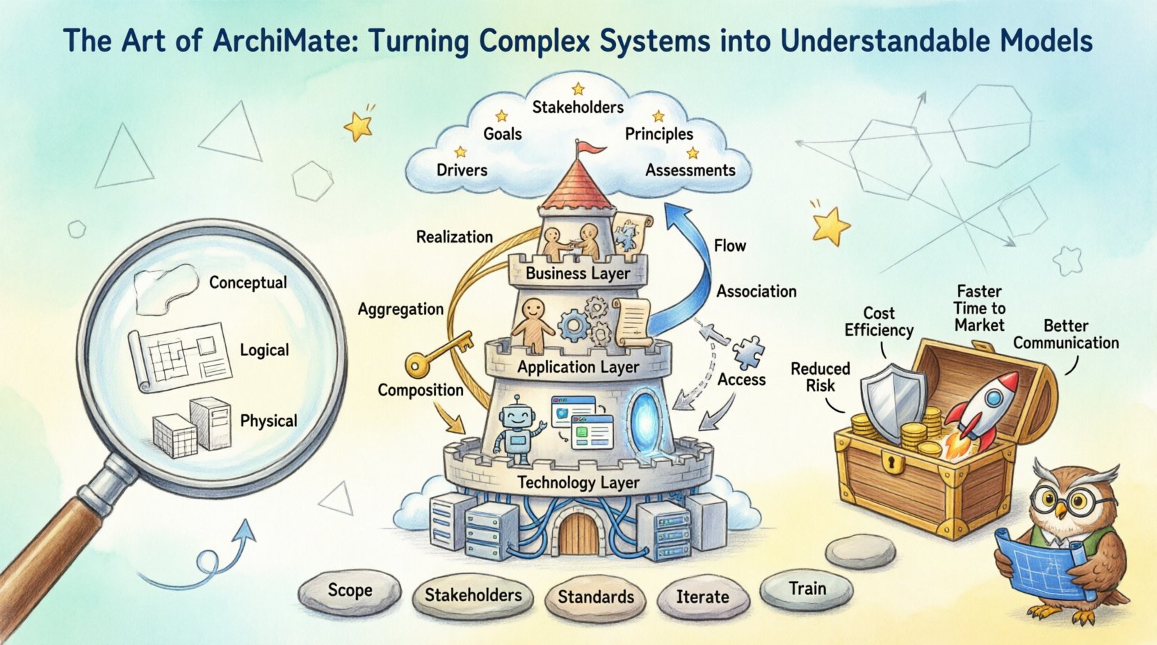 A whimsical, colorful infographic illustrating the ArchiMate modeling framework with three enchanted castle towers representing Business, Application, and Technology layers, topped by a sparkling Motivation cloud, featuring playful icons for actors, processes, applications, and infrastructure connected by flowing relationship ribbons, with a zoom metaphor showing Conceptual to Physical modeling levels, benefit treasures, and implementation stepping stones, all in a storybook watercolor style that transforms complex enterprise architecture into an intuitive visual journey